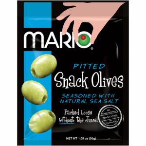 Mario Camacho Foods Pitted Snack Olives - Green Olives with Sea Salt - 1.05 oz Pouches (Pack of 12)